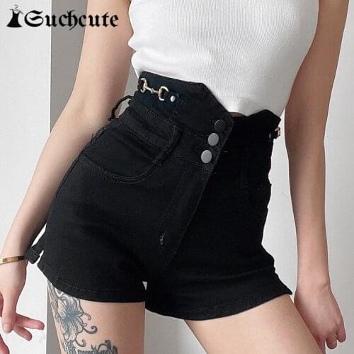 SUCHCUTE Harajuku High Waist Sexy Slim Outfits Denim Shorts For Women 2021 Summer Korean Style Fitness 90s Outfits Jeans Shorts