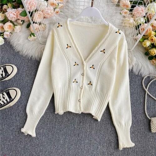 Knitted cardigan women sweater short 2020 New korean autumn winter Loose v-neck pull femme sweet embroidered sweater Coat
