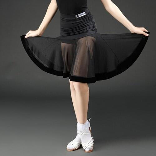 Latin Dance Skirt Girls Children 2020 New Skirt Black Mesh Splicing Elegant Latin Practice Dress Latin Competition Dress DQS4332