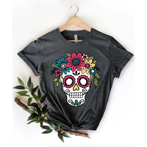 For Sugar Skull Flower Crown Day Dead Halloween Shirts Fashion 100% Cotton O Neck Female Clothing Plus Size Casual Shirts goth
