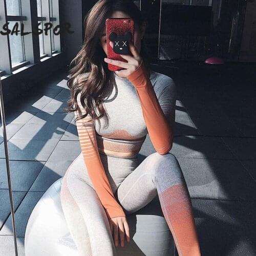 SALSPOR Yoga 2Pcs Sets Women Sports Fitness Sports Crop Top Push Up Seamless Leggings Running Workout Bodybuilding Gym Tracksuit