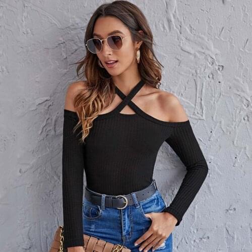 2021 Autumn Sexy Off Shoulder Sweater Women Jumper Black Knitted Sweater Pullovers Long Sleeve Crop Top Sweaters for Women