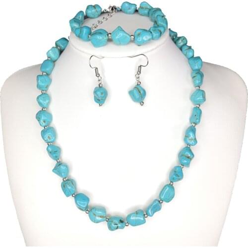 Womens Fashion Handmade Strand Necklace Knotted Turquoises Stone Beads Boho Short Chain Clavicle Jewelry Bracelet Earrings B506