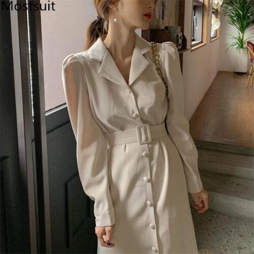 Korean Elegant Single-breasted Long Mermaid Dress 2020 Autumn Long Sleeve Notched Collar Belted Office Ladies Dresses Vestidos