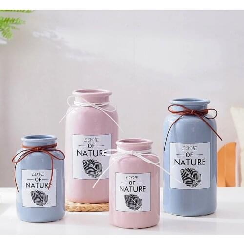 1pc Pink Blue Ceramic Flower Vase with Rope Leaf Design Floral Vase Craft Hydroponic Container Home Table Decoration