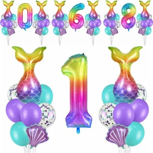 17pcs/set Mermaid Shell Foil Balloons 40inch Number Balloon for Happy Birthday Party Decoration Mermaid Theme Air Balls Supplies