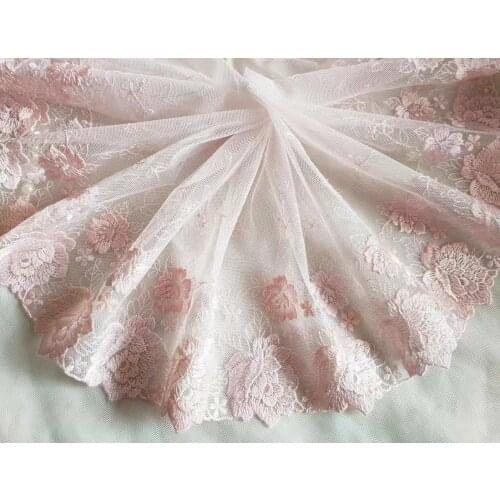 2 Yards Lace Trim Pink Flower Embroidered White Tulle Lace 7 Inches Wide High Quality