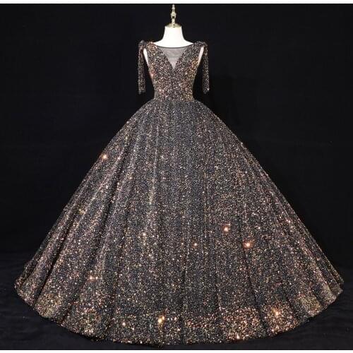 Sparkly Black Heavy Sequins V Neck Evening Dresses Wedding Ball Gown With Tassel Formal Dress Long Custom Made robe de marriage