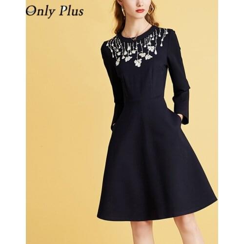 Only Plus Black Embriodery A-Line Dress Casual High Waist Winter Office Lady Women Vintage Dresses New Floral Knee Vestidos