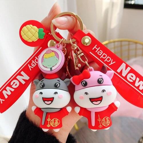China New Year Cow Calf Doll Couples Keychain For Girls Boys Key Chain Women Rubber Trinkle Key Ring Chains Car Bag Charm D802