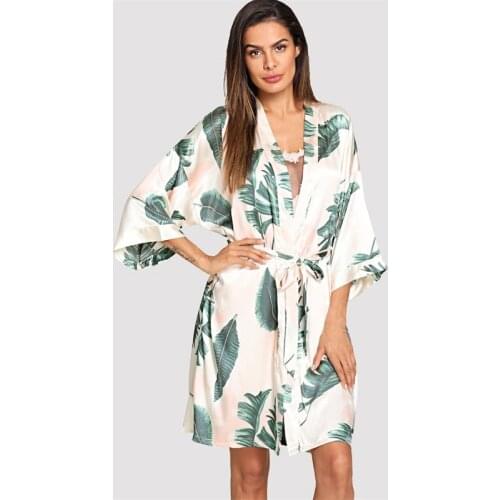 Sanderala Tropical Plant Print Robe V Neck Belted Women Half Sleeve Sleepwear Elegant Satin Dressing Gown Bathrobe Home Pajamas