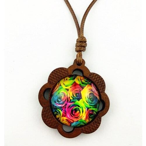 Jiangzimei 24pcs Cats head Wood Necklace Daisy,rose,Chrysanthemum Glass Cabochon Pendant with Adjustable length wax line