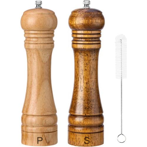 2 Pieces 8inch Adjustable Wooden Salt and Pepper Grinder, Ceramic Mill Hand Shaker Spice Mills with 1pcs Cleaning Brush