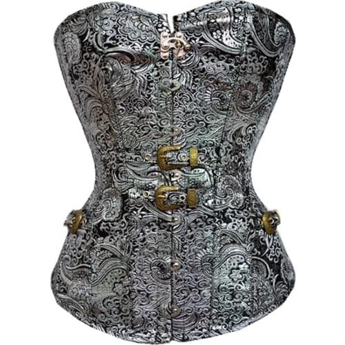 Sexy Women Overbust Corset and Steampunk Gothic Bustier Top Silver Waist Trainer Slimming Clothing Body Shapewear Corselet