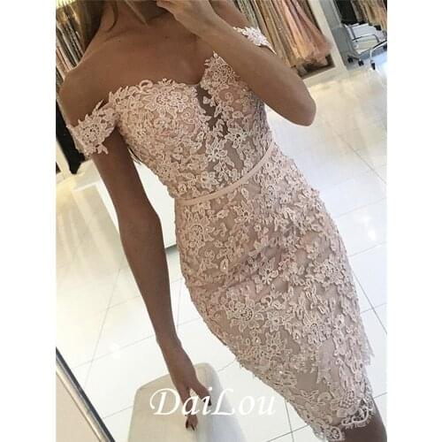 Sheath Appliques Beading Button Lace Off-the-Shoulder Knee-length Cocktail Dress 2021