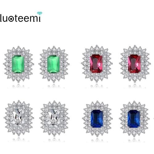 LUOTEEMI Wholesale Four Colors Choice Fashion Classic Square Zircon Stud Earrings with Micro White Zircon Pave European Style