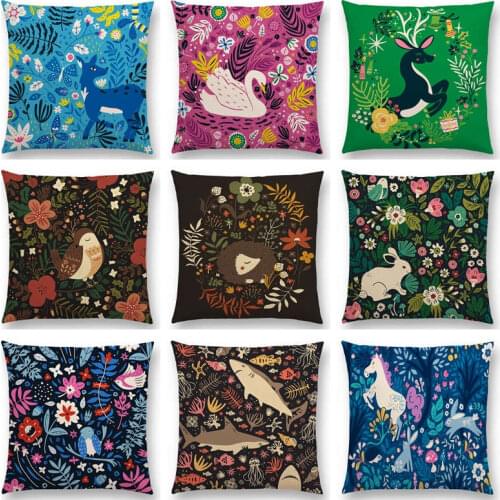 Cute Little Animals Floral Pattern Bird Hedgehog Deer Swan Rabbit Beautiful Flowers Lovely Cushion Cover Sofa Throw Pillow Case