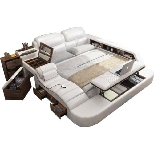 Genuine Leather multifunctional massage bed frame Nordic camas ultimate bed rectangle with dressing table cabinet stool safe