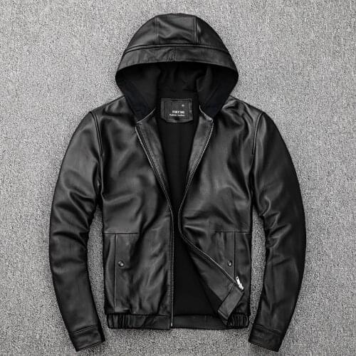 Mens Hooded Leather Jacket 100% Genuine Sheepskin Motorcycle Black Coat Male Hoodies Clothes Spring Hat Leather Jacket Men