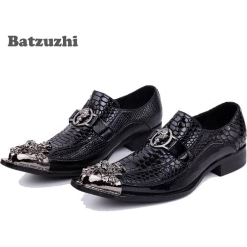 2018 Handmade Leather Shoes Men Silver Metal Toe Black Leather Men Dress Shoes Party Wedding Formal Footwear, Plus size 12