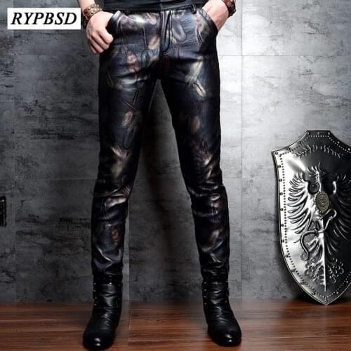 2021 Faux Leather Pants Men Slim Fashion Skinny Floral Printed Zipper Waterproof Biker Leather Pants Men PU Leather Trousers