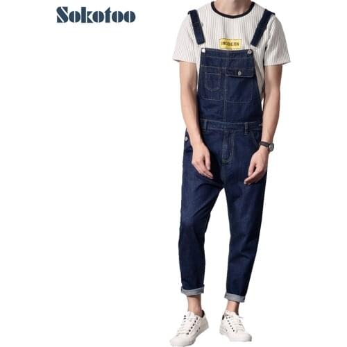 Sokotoo Mens casual pocket dark blue denim bib overalls Long jeans Jumpsuits