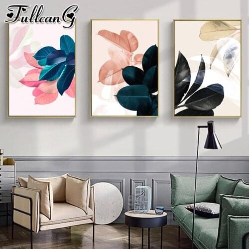 FULLCANG 5d diy diamond embroidery colorful plant leaf flower diamond painting triptych full square round drill decor FC2226