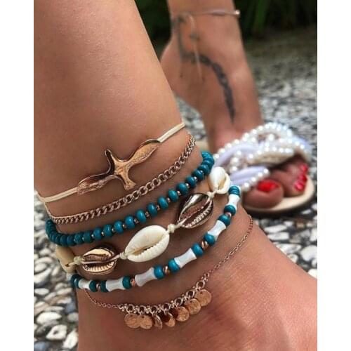 Hot Boho Handmade Shell Seed Beads Anklet Set for Women Multilayer Broken Stones Summer Ocean Beach Foot Chains Jewelry