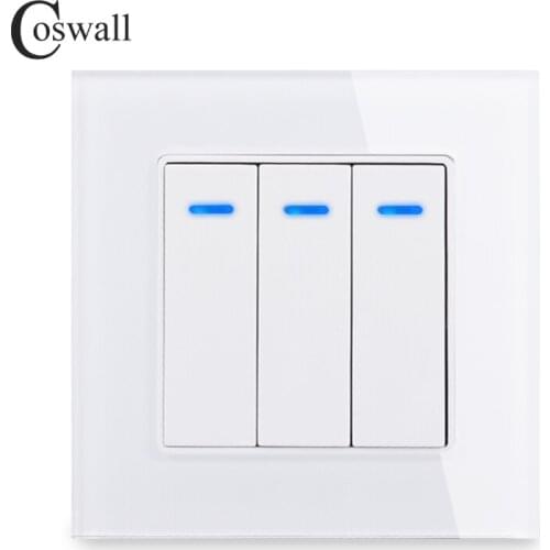 Coswall Luxury Crystal Tempered Glass Panel 3 Gang 1 Way Light Switch On / Off Wall Switch With LED Indicator 16A AC 250V