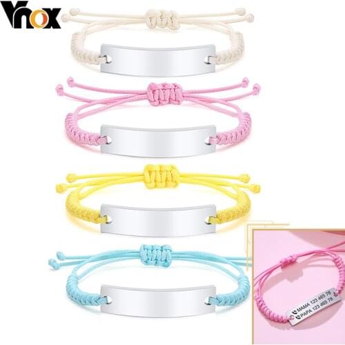 Vnox Personalized Engrave Baby ID Bracelets for Girls Boys,Length Adjustable Braided Rope Stainless Steel Wristband, Custom Gift