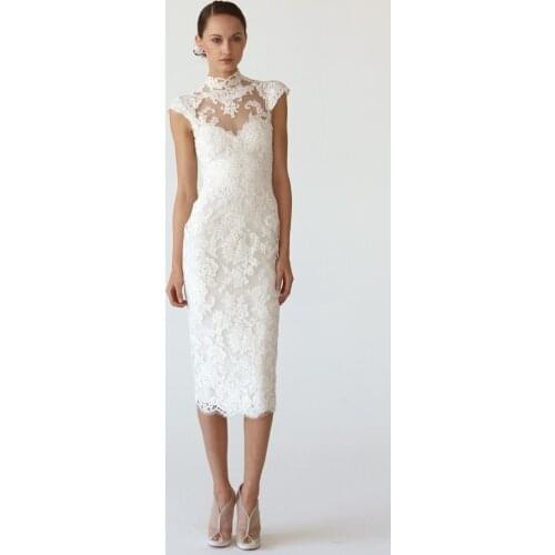 Custom tea-Length Sheath High Neck Lace Short Bridal evening gown robe de mariage vestido de noiva Mother of the Bride Dresses