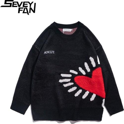 SEVEYFAN Love Pullover Sweater Men and Women Couple Harajuku Retro Loose Knitted Jacket Male