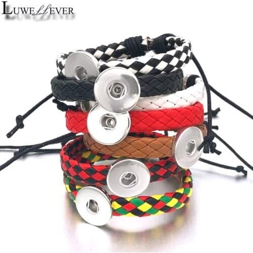 Colorful Adjustable 019 Pu Leather Bangle Hand Weave Fit 18mm Snap Button Bracelet Interchangeable Charm Jewelry For Women Gift