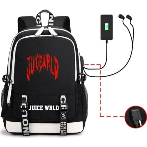 Juice Wrld Printed Backpack For Men And Women Students School Bag USB Charging Headset Hole Backpacks Fashion Zipper Soft Bags