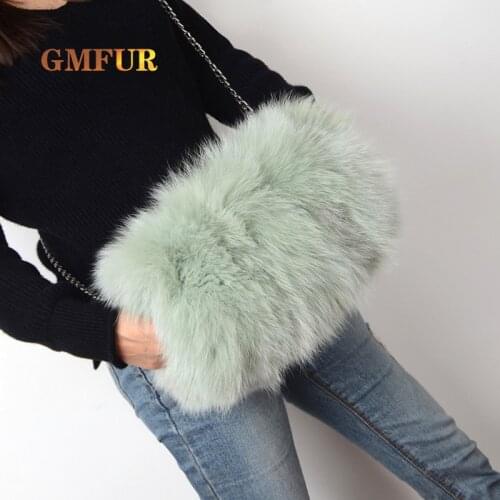 100% Real Fox Fur Hand Warmer Bag Winter New Ladies Authentic Fluffy Cute Brand Chain Shoulder Bag Fashion Luxury Handbag Women