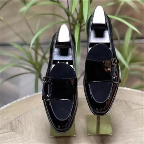 New Men Fashion Business Casual Dress Shoes Handmade Bright Black PU Stitching Imitation Suede Double Buckle Set Loafers ZQ0508