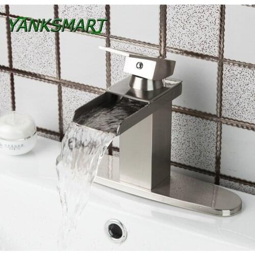 YANKSMART Waterfall Bathroom Faucet Brass Nickel Brushed Bathroom Basin Sink Square Mixer Faucets With Cover Plate