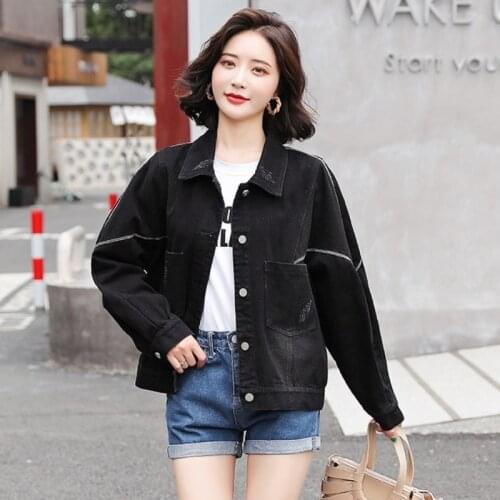 2021 Autumn Winter New Denim Jacket Women Solid Color Basic Korean Style Pocket Black Casual Bomber Baseball Jacket Jeans Coat
