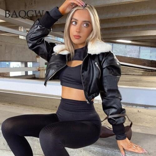 2021 Long Sleeve Zip Up Solid Fur Ruched Pu Leather Cropped Jacket Autumn Winter Women Black Fashion Streetwear Casual Outfits