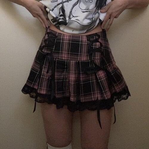 Lace Up Goth Woman Skirts Pink Stripe Plaid Lace Trim Pleated Skirt Punk Rave Dark Academia Aesthetic Clothes Ladies Streetwear