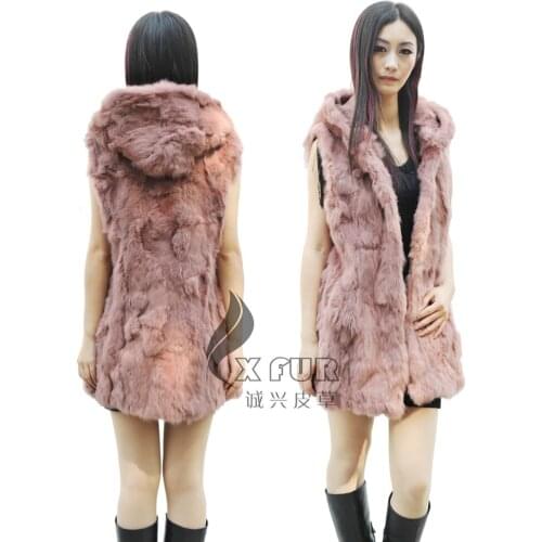 CX-G-B-102 New Arrival Woman Elegant Rabbit Fur Hooded Vest Winter Warm Thicken Long Fur Waistcoat