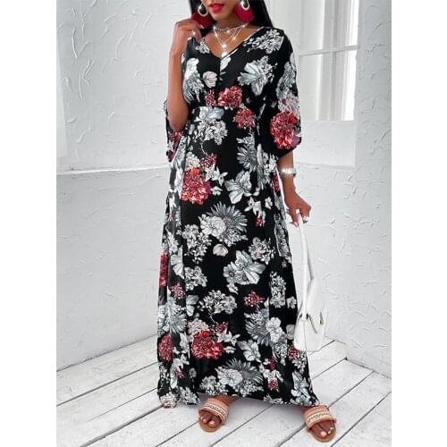 European Style Summer Women Casual Loose Print High Waist Maxi Dress Vintage Batwing Sleeve Sexy V-neck Long Dress Vestidos