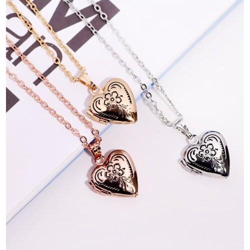 Womens Heart Photo Frame Locket Pendant Necklace Flower Pattern Jewelry For Party Gift YT-N312