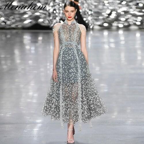 Menahem Evening Party Dress Womens Sleevess Halter Stand Beading Buttons Lace Mesh Flower Printed Maxi Ball Robe Gown Vestidos