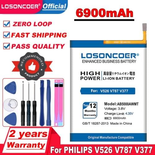 LOSONCOER AB5000AWMT 6900mAh Battery + GIFT For PHILIPS V526 V787 V377 CTV787 For Xenium CTV526 Battery+Free tools