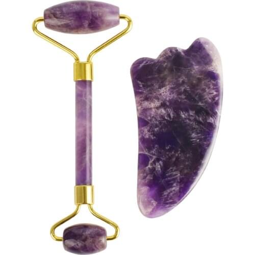 Amethyst Facial Roller Natural GuaSha Massager Tools Set Crystal Smooth Rollers Wands Skin Care Body Relax Massage Women