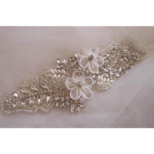 2 Piece Crystal Bead Applique, Rhinestone Applique,Bridal Sash Applique With 3D Chiffon Rosette