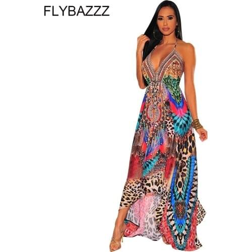 Big Sale Bohemian Women Vintage Printed Summer Beach Dress Bikini Cover-ups Swim Wear Cotton Tunic Sexy Deep V-Neck Robe Caftan