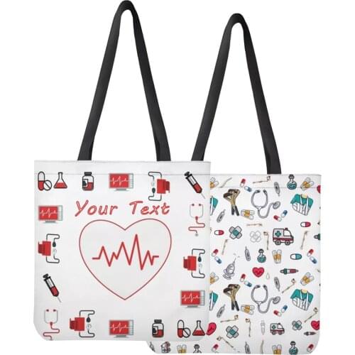 Noisydesigns Classic Cartoon Nurse Medicine Double-sided Printing Plus Size Woman Canvas Totes Bag Customized Text Logo Name