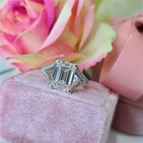 RandH 2.5CARAT 9×7mm Emerald Cut Setting Moissanite Ring Solid 14K White Gold Gift For Anniversary Split Shark Fine Jewelry